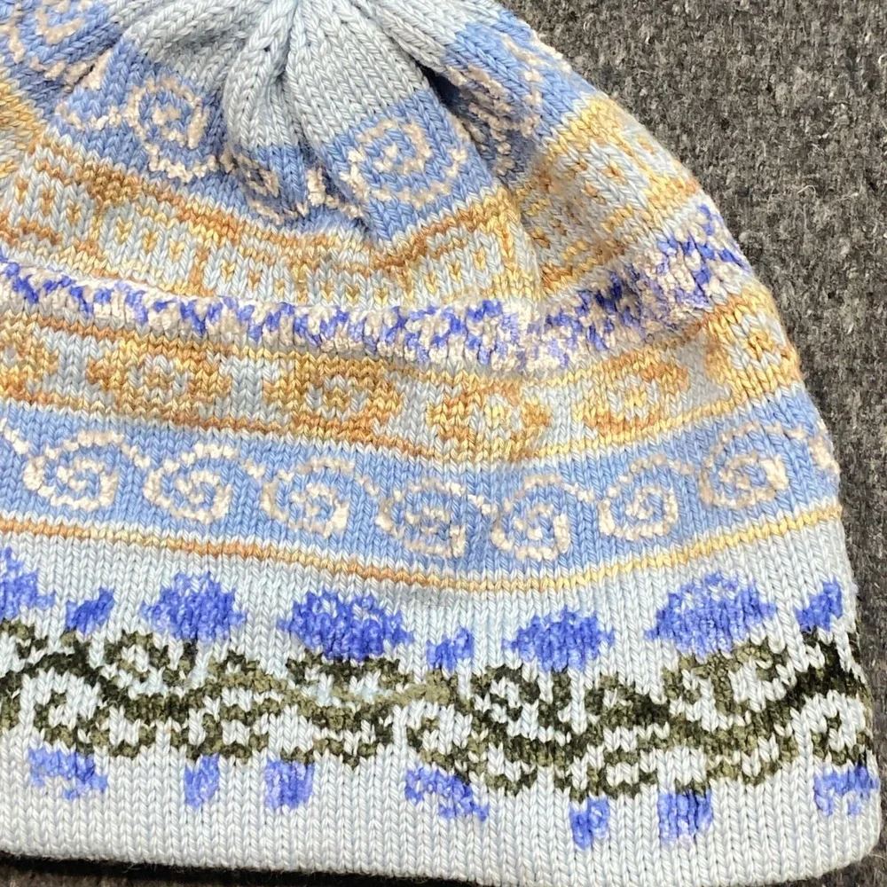 Vintage Fair Isle Floral Beanie Hat OS Womens Blue Wool Blend Boho Tassel USA
